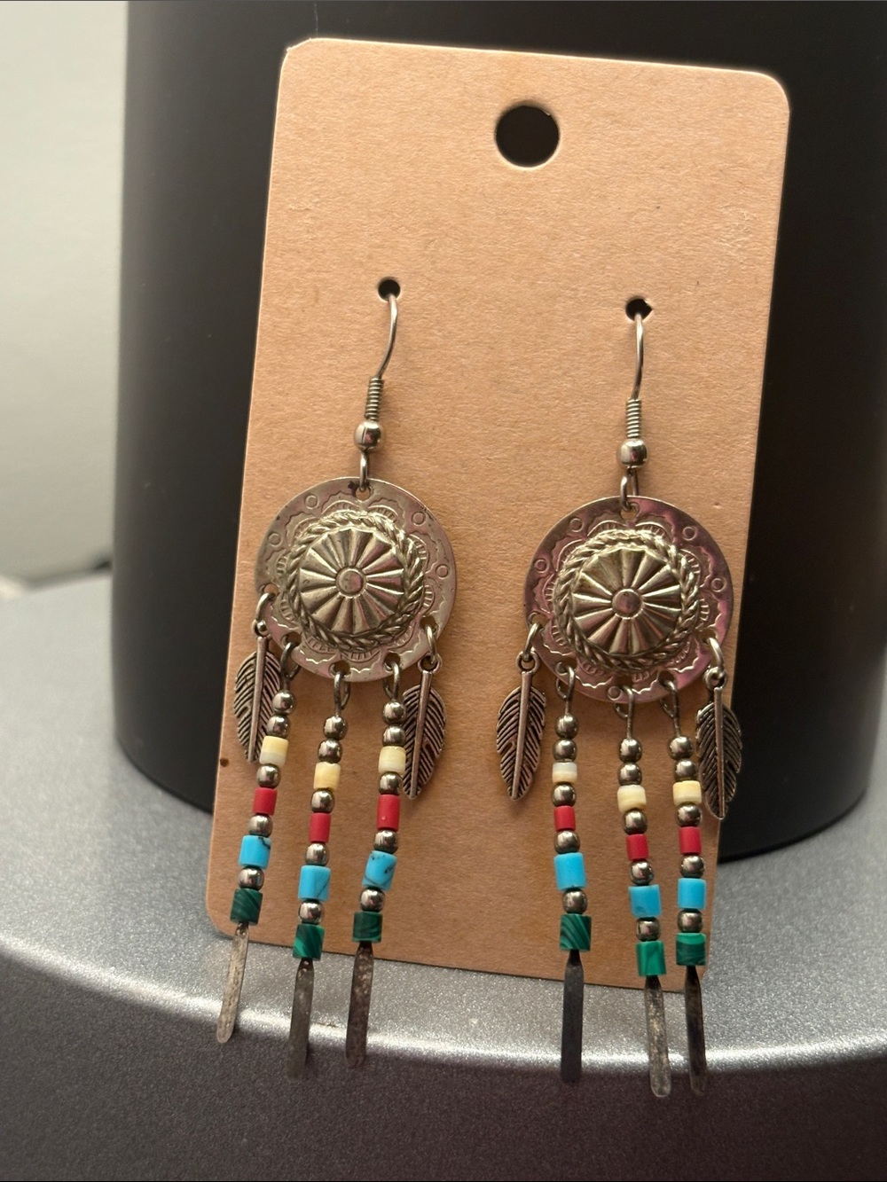 Southwestern Concho Feather Bead Dangle Earrings Boho Turquoise Style NEW 🏜️